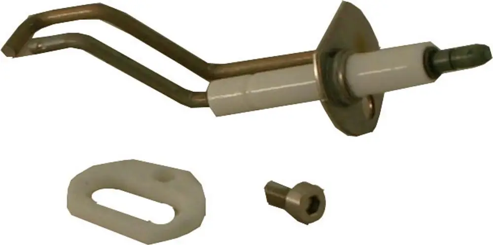 Zündeletrode mit Dichtung, besteht aus Metall und Keramik, geeignet für Heizgeräte der Marke Wolf bis BJ 05/01. Zubehörteile umfassen eine Halterung und eine Schraube.